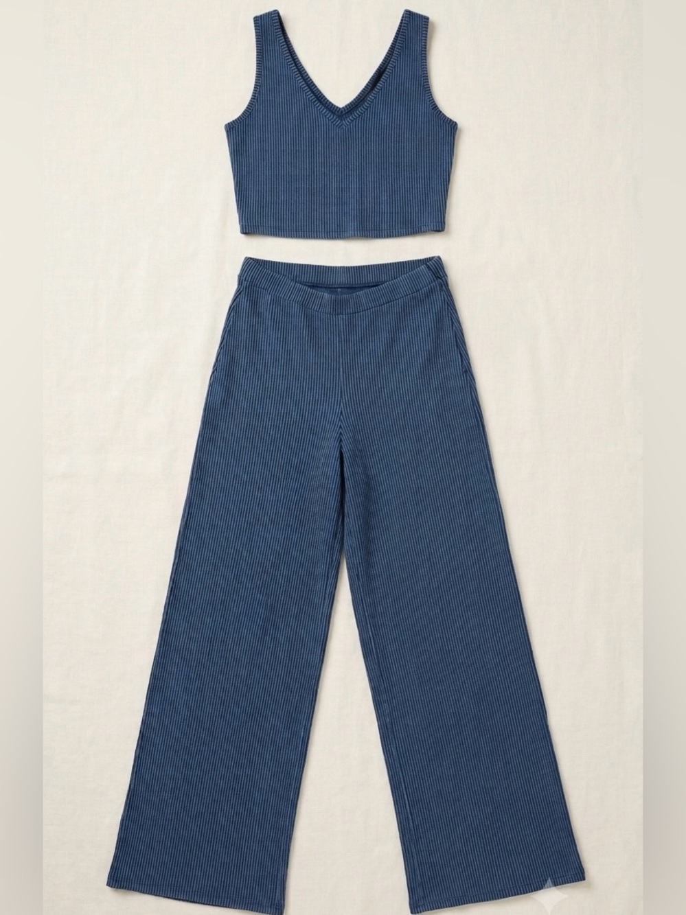 Wide-Leg Ribbed Pant Set in Blue